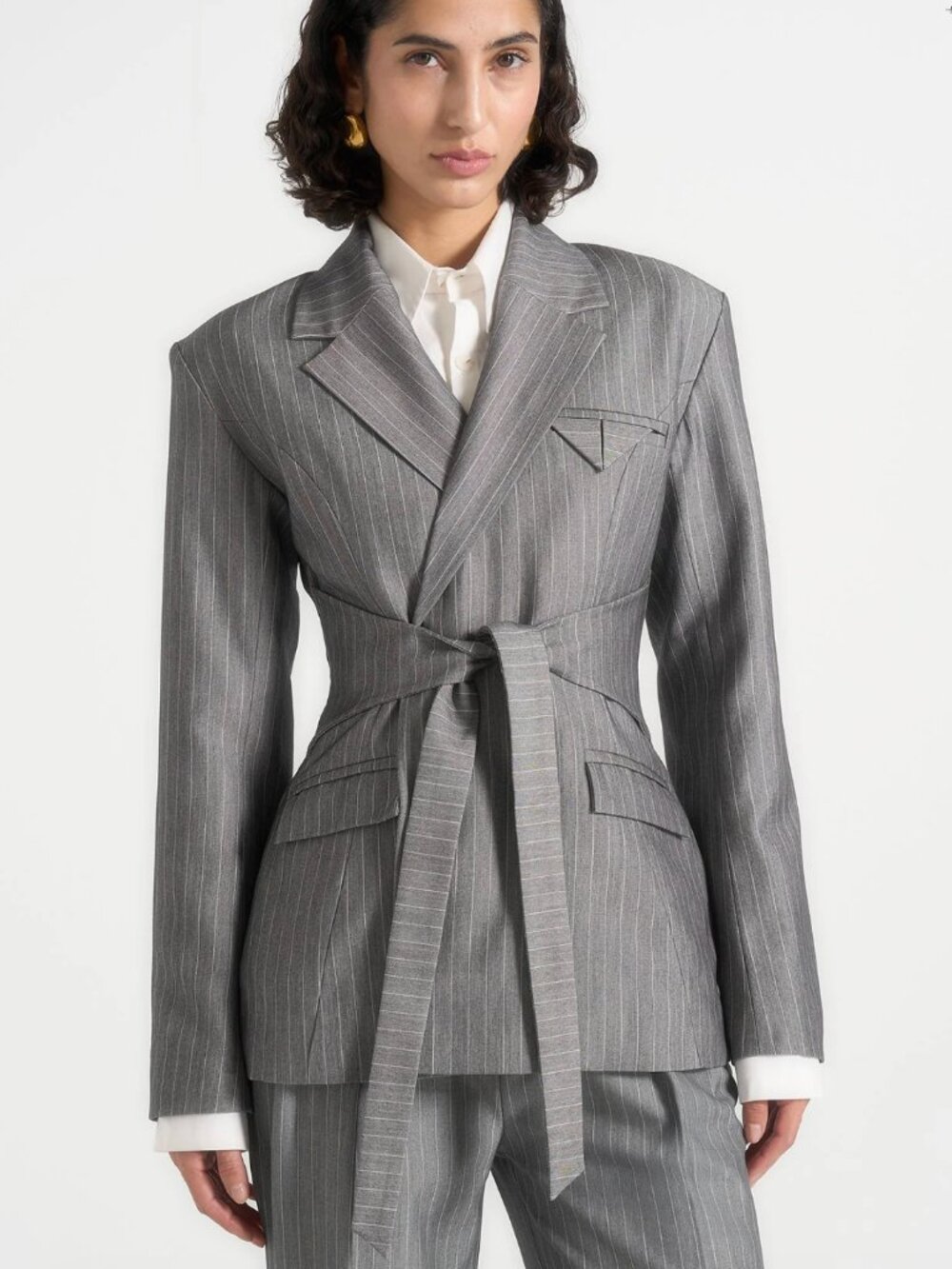 Maniere de Voir Delphine Pinstripe Wrap Tie Blazer US 2